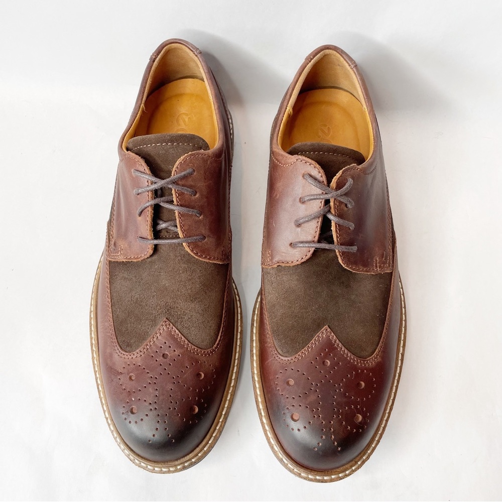 Ecco Kenton Brogue Tie Wingtip Brown Leather Oxford Dress Shoe